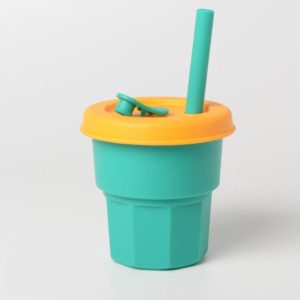 Children Silicone Straw Cups Drop And High Temperature Resistant Water Cups Green Cup + Yellow Cover(400ml) (OEM)