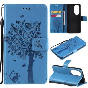 For Huawei P50 Tree & Cat Pattern Pressed Printing Horizontal Flip PU Leather Case with Holder & Card Slots & Wallet & Lanyard(Blue) (OEM)