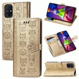 For Samsung Galaxy M51 Cute Cat and Dog Embossed Horizontal Flip Leather Case with Bracket / Card Slot / Wallet / Lanyard(Gold) (OEM)