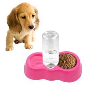 Dog Cat Food Dish + Drinking Water Double Bowls with Automatic Water Dispenser(Magenta) (OEM)