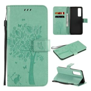 For Huawei Nova 7 Pro Tree & Cat Embossed Pattern Horizontal Flip Leather Case with Holder & Card Slots & Wallet & Lanyard(Green) (OEM)