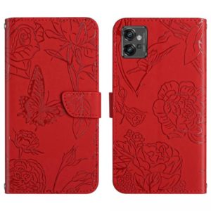 For Motorola Moto G32 HT03 Skin Feel Butterfly Embossed Flip Leather Phone Case(Red) (OEM)