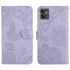 For Motorola Moto G32 HT03 Skin Feel Butterfly Embossed Flip Leather Phone Case(Purple) (OEM)