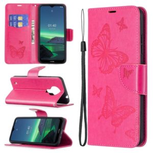 For Nokia 1.4 Embossing Two Butterflies Pattern Horizontal Flip PU Leather Case with Holder & Card Slot & Wallet & Lanyard(Rose Red) (OEM)
