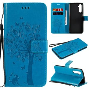 For OPPO Realme 6 Tree & Cat Embossed Pattern Horizontal Flip Leather Case with Holder & Card Slots & Wallet & Lanyard(Blue) (OEM)