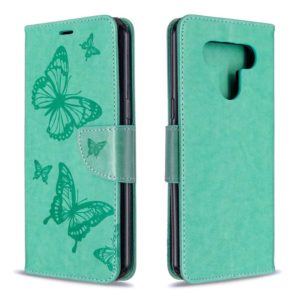 For LG K51 Two Butterflies Embossing Pattern Horizontal Flip Leather Case with Holder & Card Slot & Wallet & Lanyard(Green) (OEM)