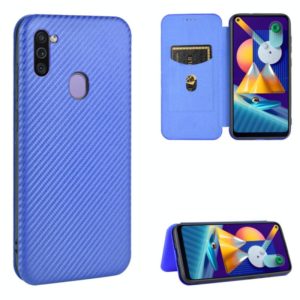 For Samsung Galaxy M11 Carbon Fiber Texture Horizontal Flip TPU + PC + PU Leather Case with Rope & Card Slot(Blue) (OEM)