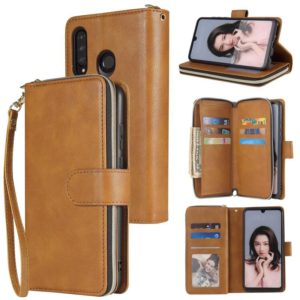 For Huawei P30 Lite Zipper Wallet Bag Horizontal Flip PU Leather Case with Holder & 9 Card Slots & Wallet & Lanyard & Photo Frame(Brown) (OEM)