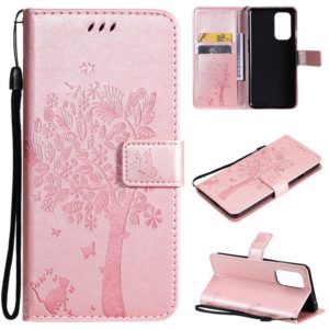 For OnePlus 9 Tree & Cat Pattern Pressed Printing Horizontal Flip PU Leather Case with Holder & Card Slots & Wallet & Lanyard(Rose Gold) (OEM)