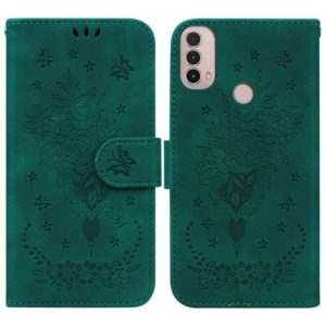 For Motorola Moto E20 / E30 / E40 Butterfly Rose Embossed Leather Phone Case(Green) (OEM)