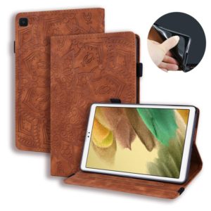 For Samsung Galaxy Tab A7 Lite 8.7 (2021) T220 / T225 Calf Pattern Double Folding Design Embossed Leather Case with Holder & Card Slots & Pen Slot & Elastic Band(Brown) (OEM)
