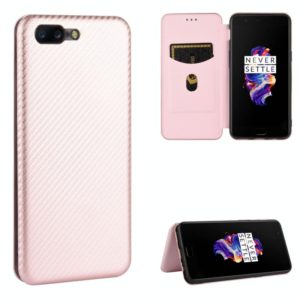 For OnePlus 5 Carbon Fiber Texture Horizontal Flip TPU + PC + PU Leather Case with Card Slot(Pink) (OEM)
