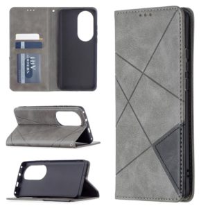 For Huawei P50 Pro Rhombus Texture Horizontal Flip Magnetic Leather Case with Holder & Card Slots(Grey) (OEM)