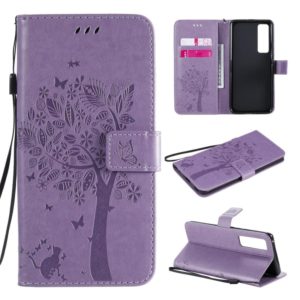 For Huawei Nova 7 Pro Tree & Cat Embossed Pattern Horizontal Flip Leather Case with Holder & Card Slots & Wallet & Lanyard(Light Purple) (OEM)