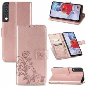 For LG Stylo 7 4G Four-leaf Clasp Embossed Buckle Mobile Phone Protection Leather Case with Lanyard & Card Slot & Wallet & Bracket Function(Rose Gold) (OEM)