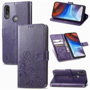 For Motorola E7 Power Four-leaf Clasp Embossed Buckle Mobile Phone Protection Leather Case with Lanyard & Card Slot & Wallet & Bracket Function(Purple) (OEM)