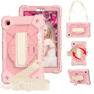 For Samsung Galaxy Tab A7 Lite T220 / T225 Contrast Color Robot Shockproof Silicon + PC Protective Case with Holder & Shoulder Strap(Rose Gold) (OEM)