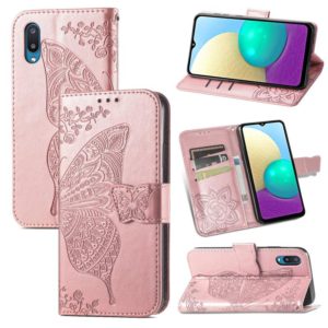 For Samsung Galaxy A02 Butterfly Love Flower Embossed Horizontal Flip Leather Case with Bracket & Card Slot & Wallet & Lanyard(Rose Gold) (OEM)