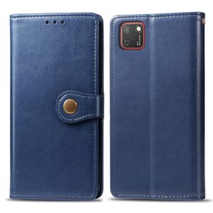 For Huawei Y5P 2020 Retro Solid Color Leather Buckle Phone Case with Lanyard & Photo Frame & Card Slot & Wallet & Stand Function(Blue) (OEM)