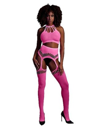 Two Piece with Crop Top and Stockings Pink os