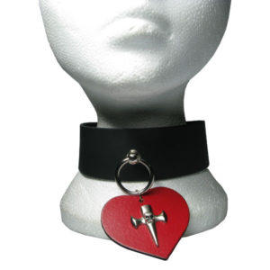 HANDMADE-CHOKER CROSS ON LEATHER HEART ATTACHED WITH METAL RING