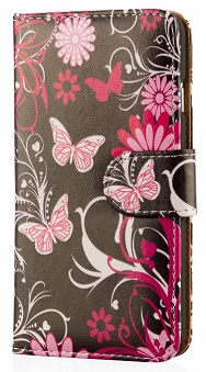LG G4 (H815) - Δερμάτινη Θήκη Πορτοφόλι Μαύρη Με Πεταλούδες Και Λουλούδια (OEM)