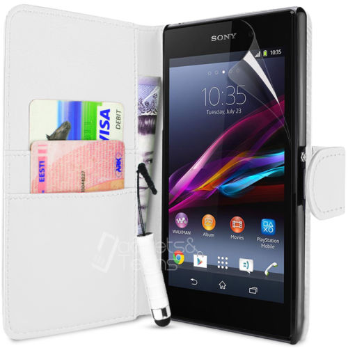 Sony Xperia Z1 Leather Flip Wallet Case White OEM