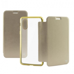 Δερμάτινη Θήκη Stand Metal Πορτοφόλι με Πίσω Κάλυμμα Σιλικόνης για Apple iPhone X - Χρυσό (KSIX)