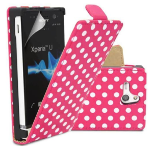 Sony Xperia U ST25i Polka Dot Leather Flip Case Pink with White Dots (OEM)