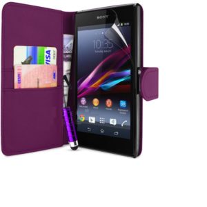 Sony Xperia Z1 Leather Flip Wallet Case Purple (OEM)
