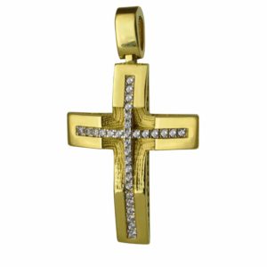 Γυναικείος διπλής όψης σταυρός με ζιργκόν χρυσός 14Κ