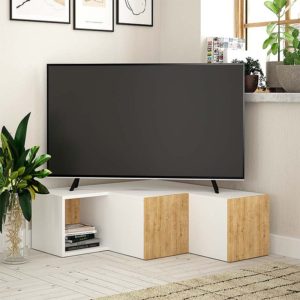 Έπιπλο τηλεόρασης γωνιακό Compact Megapap μελαμίνης χρώμα λευκό - φυσικό οξιάς 94,2x90,6x31,4εκ. 1τεμ