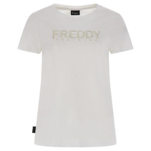 FREDDY Jersey t-shirt with a light gold foliage print (S3WTRT1-W) WHITE