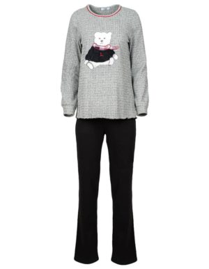 Luna χειμωνιάτικη γυναικεία πιτζάμα γκρι πλεκτή μπλούζα με αρκουδάκι μαύρο παντελόνι LU963