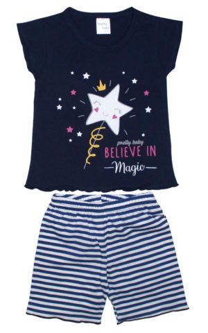 Παιδική Καλοκαιρινή Πιτζάμα για Κορίτσι Magic Μαρίν Ψιλή Πλέξη Υφάσματος, Βαμβακερή 100% - Pretty Baby, pb-65530-marin
