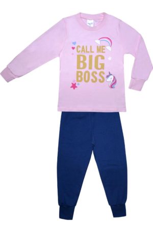Πιτζάμα Παιδική Χειμερινή με Τύπωμα Big Boss για Κορίτσι Ροζ, Βαμβακερή 100% - Pretty Baby, pb-64988-roz