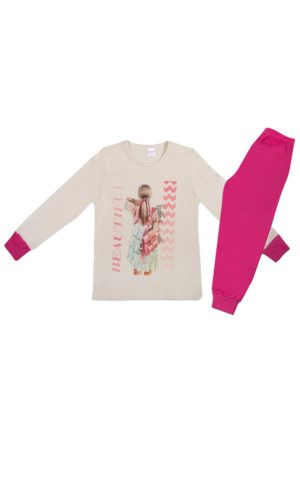 Πιτζάμα Παιδική Χειμερινή με Τύπωμα Beautiful για Κορίτσι Εκρού-Ροζ, Βαμβακερή 100% - Pretty Baby, pb-64972-ekrou-roz