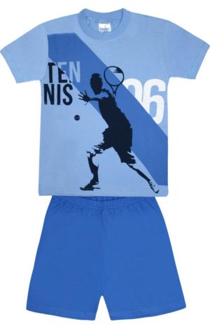 Πιτζάμα Παιδική Καλοκαιρινή Σετ 2 Τεμαχίων Tennis για Αγόρι Σιέλ/Μπλε Ψιλή Πλέξη Υφάσματος, Βαμβακερό 100% - Pretty Baby, pb-63032-siel-mple