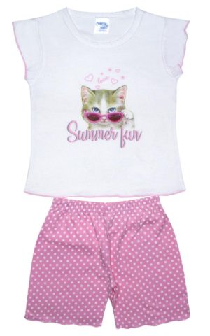 Παιδική Καλοκαιρινή Πιτζάμα για Κορίτσι Summer Cat Λευκό-Ροζ Πουά Ψιλή Πλέξη Υφάσματος, Βαμβακερή 100% - Pretty Baby, pb-65526-lefko-roz-poua