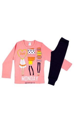 Πιτζάμα Παιδική Χειμερινή με Τύπωμα Monday για Κορίτσι Ροζ, Βαμβακερή 100% - Pretty Baby, pb-64932