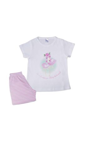 Πιτζάμα Παιδική Καλοκαιρινή Σετ 2 τεμαχίων με Τύπωμα Flamingo για Κορίτσι Λευκό-Ροζ Ψιλή Πλέξη Υφάσματος, Βαμβακερό 100% - Pretty Baby, pb-63124