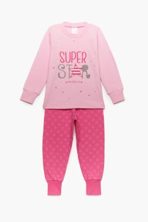 Πιτζάμα Παιδική Χειμερινή με Τύπωμα Star για Κορίτσι Ροζ-Φουξ, Βαμβακερή 100% - Pretty Baby, pb-64878