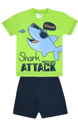 Παιδική Καλοκαιρινή Πιτζάμα για Αγόρι Shark Lime-Μαρίν, Ψιλή Πλέξη Υφάσματος, Βαμβακερή 100% - Pretty Baby, pb-65381-lime-marin