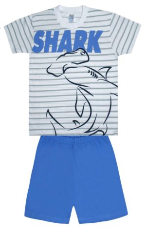 Πιτζάμα Παιδική Καλοκαιρινή Σετ 2 Τεμαχίων Shark για Αγόρι Γκρι Ρίγα-Ρουά Ψιλή Πλέξη Υφάσματος, Βαμβακερό 100% - Pretty Baby, pb-63030