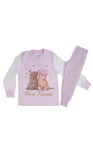 Πιτζάμα Παιδική Χειμερινή με Τύπωμα για Κορίτσι Cats Ροζ-Ρίγα, Βαμβακερή 100% - Pretty Baby, pb-64967-roz-riga
