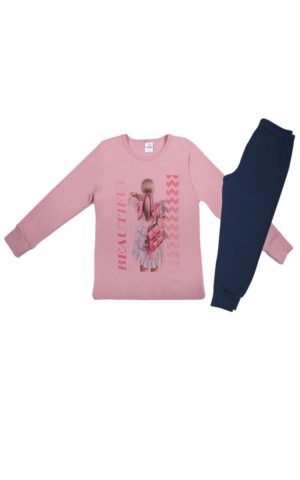 Πιτζάμα Παιδική Χειμερινή με Τύπωμα Beautiful για Κορίτσι Ροζ-Μαρίν, Βαμβακερή 100% - Pretty Baby, pb-64972-roz-marin