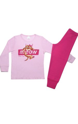 Πιτζάμα Παιδική Χειμερινή με Τύπωμα Meow για Κορίτσι Ροζ, Βαμβακερή 100% - Pretty Baby, pb-64977-roz