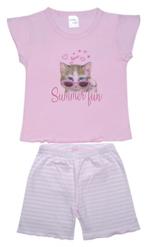 Παιδική Καλοκαιρινή Πιτζάμα για Κορίτσι Summer Cat Ροζ Ρίγα Ψιλή Πλέξη Υφάσματος, Βαμβακερή 100% - Pretty Baby, pb-65526-roz-riga