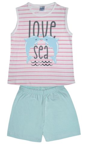 Πιτζάμα Παιδική Καλοκαιρινή Σετ 2 τεμαχίων Χωρίς Μανίκι Love Sea για Κορίτσι Φράουλα/Teal Ψιλή Πλέξη Υφάσματος, Βαμβακερό 100% - Pretty Baby, pb-63136