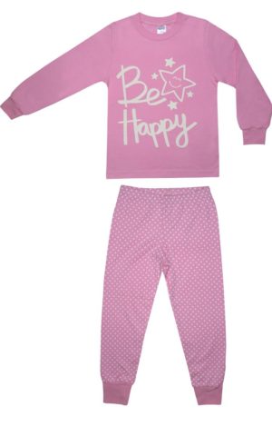 Πιτζάμα Παιδική Χειμερινή με Τύπωμα Be Happy για Κορίτσι Ροζ-Εκρού, Βαμβακερή 100% - Pretty Baby, pb-64982-roz-ekrou